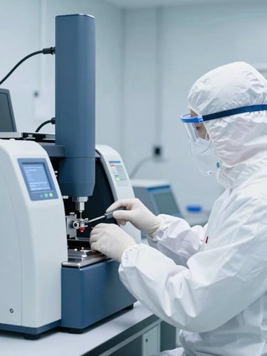 A scientist in protective gear operating a high-performance liquid chromatography machine in a bright, modern cleanroom, cool blue tones.