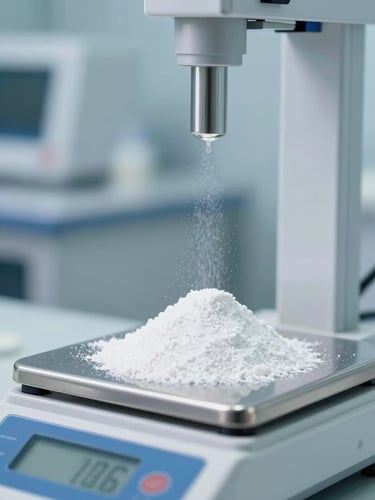 Macro shot of pure white pharmaceutical API powder being weighed on a high-precision digital scale inside a sterile cleanroom, clinical blue-tinted lighting, sharp focus, 35mm