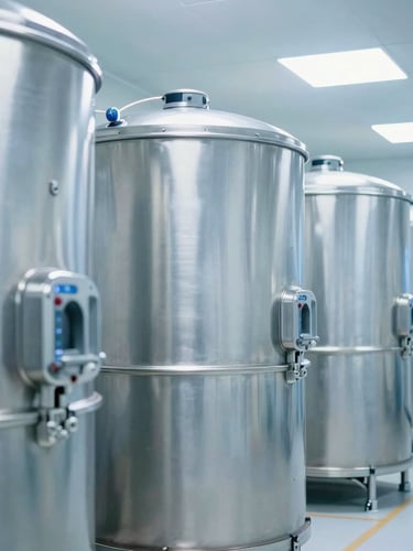 Industrial cold-chain storage facility with stainless steel climate-controlled containers, bright clinical white lighting, sharp focus.