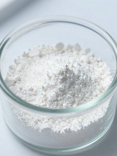 Macro shot of pure pharmaceutical active ingredient powder in a sterile glass container, bright clinical white light, sharp focus.