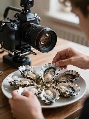 Hands adjusting a professional camera rig next to a freshly plated dish of oysters, natural side-lighting, shallow depth of field.
