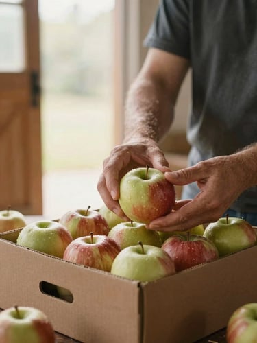 Hands packing fresh heirloom apples into a rustic cardboard subscription box, soft morning light streaming through barn doors.