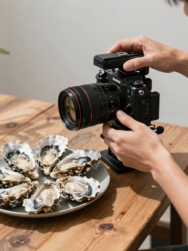 Hands adjusting a professional camera rig next to a plate of fresh oysters on a rustic wooden table, natural directional daylight with soft deep shadows.