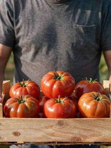 A close-up portrait of a local farmer holding a wooden crate of heirloom tomatoes, soft morning daylight casting deep shadows, rustic wooden textures.