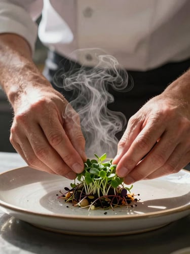 Tight macro shot of steam rising from a hot kitchen pass, chef's hands carefully adjusting a microgreen garnish on a ceramic plate under soft directional window light.