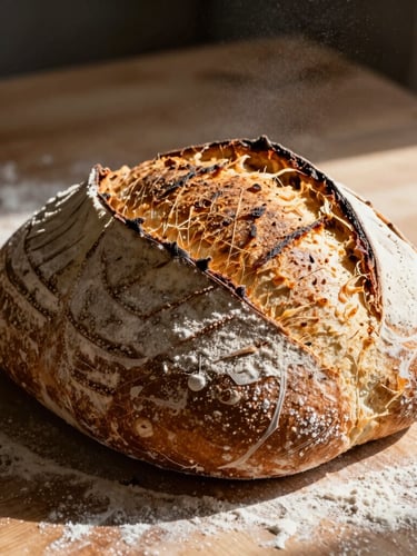 Tight macro shot of a raw sourdough loaf scored on a wooden prep table, natural morning light casting deep directional shadows, flour dusting the air.