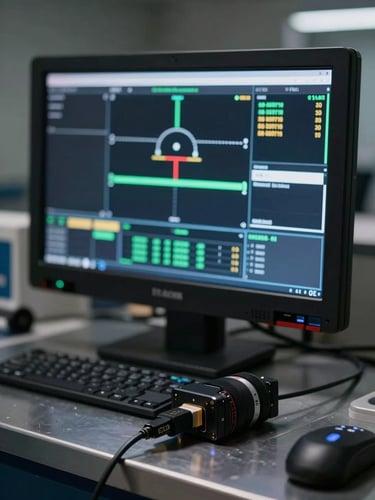 Close-up macro of a diagnostic scanner screen showing live module data readouts, connected to a vehicle ECU via OBD cable on a dark steel workbench, cool studio strobe lighting, sharp focus on the screen values, shallow depth of field fading to dark background
