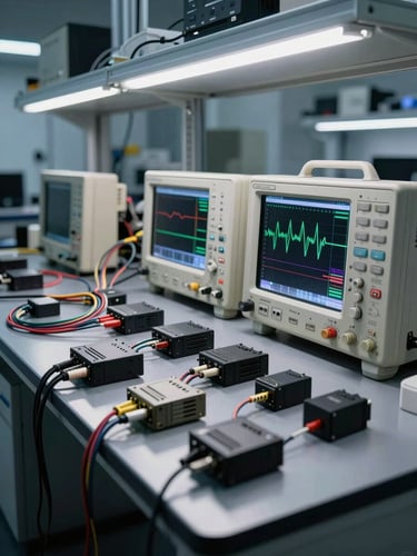 Wide shot of an automotive electronics laboratory bench, oscilloscope showing waveforms, multiple ECU modules laid out under cool white LED strip lighting, wiring harnesses neatly spread, dark steel surface, sharp technical focus