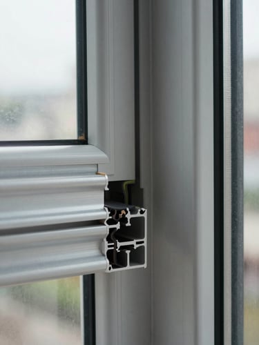 Extreme close-up of a freshly installed aluminum window frame junction at a building corner, gasket and sealant bead clearly visible, overcast daylight, no people, documentary detail shot