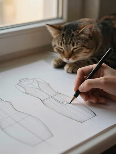 Close-up of hands sketching a garment pattern on heavy paper next to a sleeping cat, warm golden-hour window light, 35mm