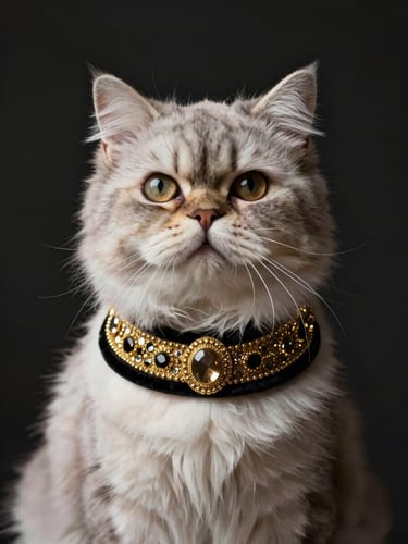High-fashion editorial portrait of a majestic Persian cat wearing an embellished gold and black velvet collar, looking directly at the camera, dramatic studio lighting, dark background, 35mm