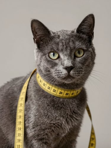 Close-up of a tailor measuring a sleek grey cat with a golden measuring tape, soft studio lighting, muted neutral tones, 35mm