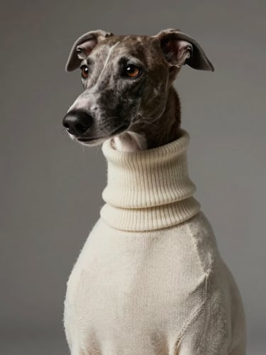 High-fashion editorial portrait of a sleek greyhound wearing a bespoke cream cashmere turtleneck, dramatic studio lighting, neutral background, 35mm