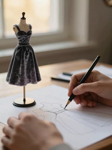 Close-up of a designer's hands drafting paper patterns next to a miniature velvet dress, warm golden-hour window light, shallow depth of field