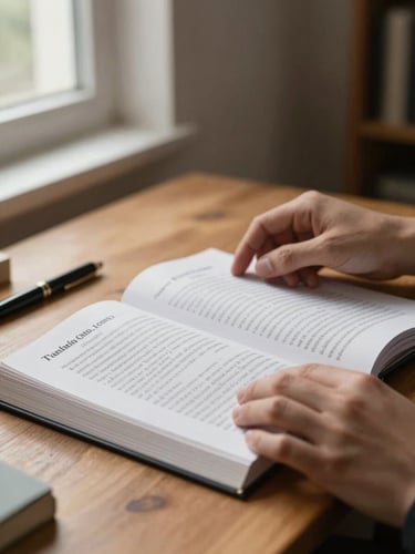 Close-up of hands turning pages of a printed trademark register on a wooden desk, soft afternoon window light from the left, pen resting nearby
