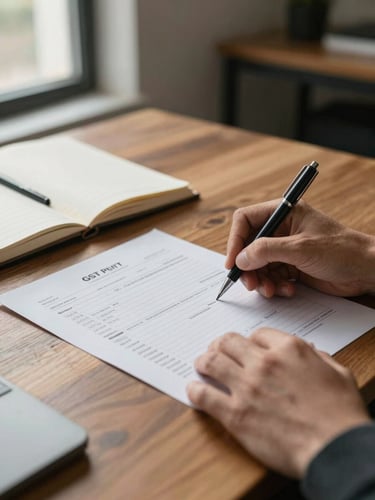Close-up of a CA's hands reviewing a printed GST return spread across a wooden desk, pen annotating a margin figure, soft morning window light from the left, open notebook beside the document, muted earth-toned office in the background