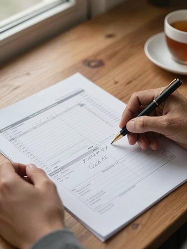 Close-up of hands reviewing annotated GST return documents spread across a wooden desk, handwritten margin notes visible, soft natural window light from the left, a cup of tea at the far right edge