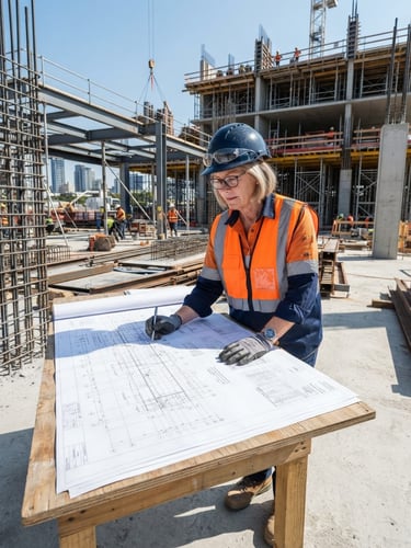 A professional senior engineer in a navy hardhat and high-visibility vest reviewing architectural blueprints on a sunlit structural construction site, sharp focus, technical grid feel