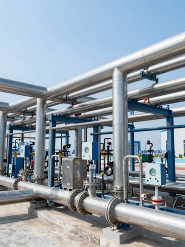A modern industrial water treatment facility with clean steel pipelines and technical instrumentation, bright natural daylight, cool blue tones