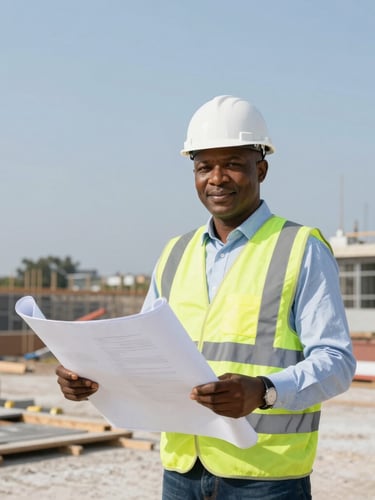 Professional portrait of Engr. Ayobami Taiwo, Group CEO, in a hard hat and safety vest on an active infrastructure site, holding blueprints, bright daylight
