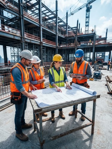 A sharp wide-angle photograph of engineers in high-visibility gear reviewing technical blueprints on an active construction site, bright daylight, steel and blue tones