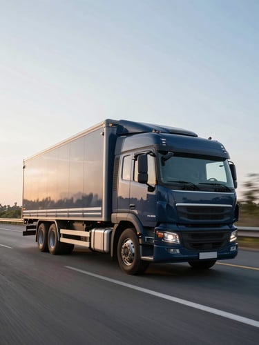 Dynamic low angle shot of a modern dark blue cargo truck moving fast on a highway at sunrise, motion blur, 35mm, bright morning daylight, cool metallic and slate tones