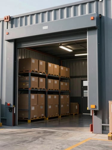 Clean interior of a modern logistics warehouse loading dock, organized cargo boxes, bright morning daylight, cool metallic tones, sharp commercial photography