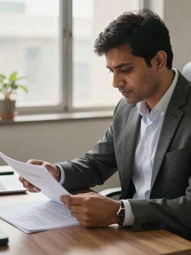 Medium close-up of a professional local advisor in a bright Delhi office, reviewing physical policy documents under warm natural window light.