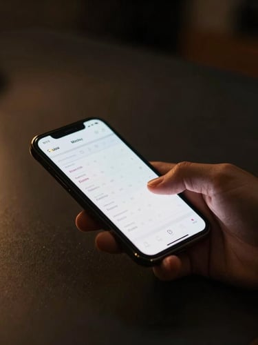 Hands interacting with a sleek mobile interface displaying a booking calendar, warm golden side light, dark matte background, cinematic depth of field