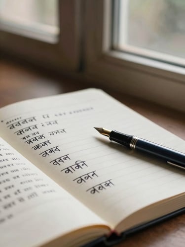 Editorial close-up of an open notebook with hand-written Sanskrit notes and a fountain pen, soft warm window light, textured paper, 35mm