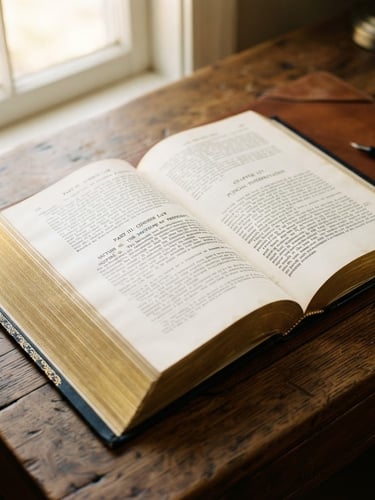 A close-up of an open law treatise on a wooden desk, focus on elegant typography and gold-leaf page edges, warm natural window light.