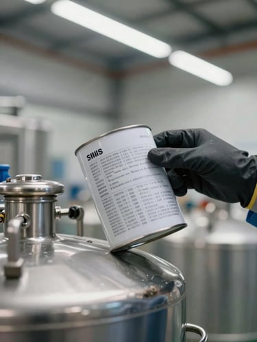 Close-up shot of a gloved hand verifying batch numbers on a metal chemical canister inside a brightly lit hangar, crisp overhead lighting, metallic textures.