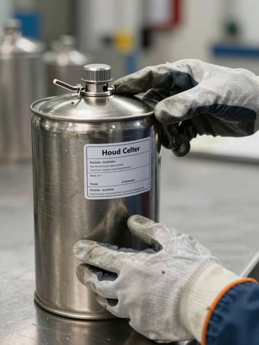 Close-up shot of hands in heavy-duty protective gloves carefully labeling a steel chemical canister with a dual-certified batch sticker, clean warehouse workbench environment