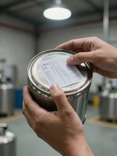 Close-up of hands checking printed batch numbers on a sealed metal chemical canister, crisp overhead lighting, industrial hangar floor background