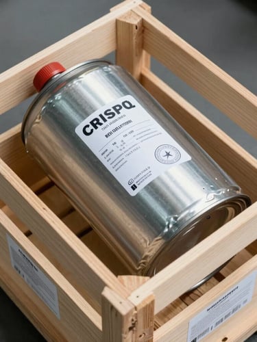 Crisp overhead daylight shot of a heavy metal chemical canister being packed into a custom wooden shipping crate, labels clearly visible showing batch numbers and certification stamps.