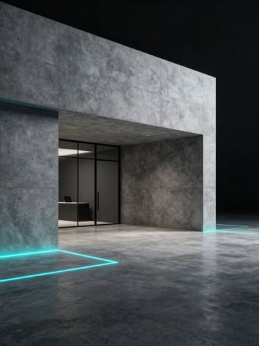 Sleek architectural render of a minimalist concrete office lobby, sharp cyan light lines tracing the floor edges, dark background, dramatic shadows.