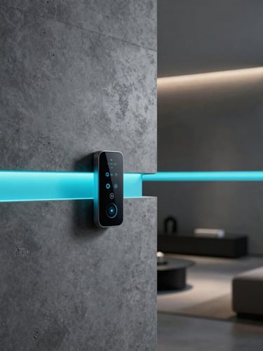 Sleek vertical portrait of a modern smart home interior, concrete walls, integrated glowing cyan LED strips, minimalist furniture, dramatic architectural lighting, sharp depth of field
