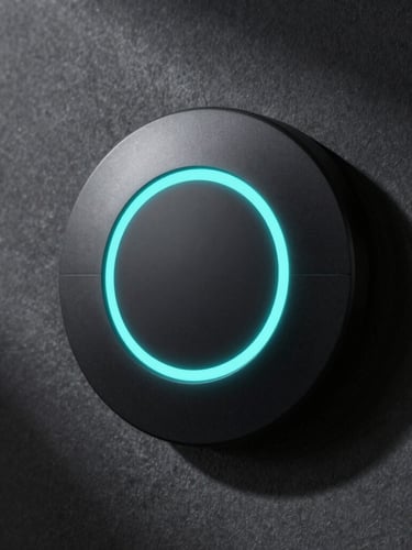 Macro photograph of a sleek matte black smart home wall controller, glowing cyan LED ring, brushed metallic finish, dramatic architectural shadows, dark background.