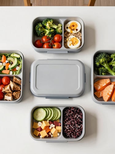 Overhead flat-lay of structured, premium corporate lunch boxes arranged neatly on a clean prep table, bright natural daylight, 50mm lens