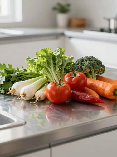 Bright editorial photo of a clean, modern kitchen prep station, fresh vibrant vegetables on a stainless steel counter, natural daylight, sharp focus