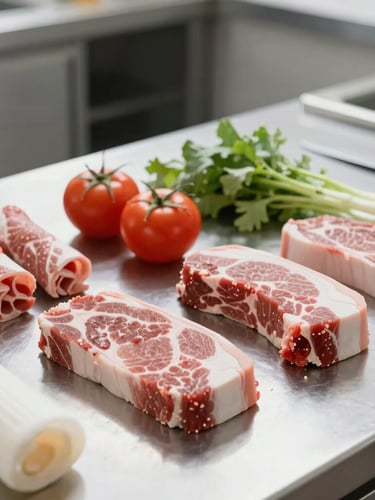 Close-up of fresh raw ingredients on a stainless steel kitchen counter, clean organized kitchen prep, bright natural daylight, professional culinary setting