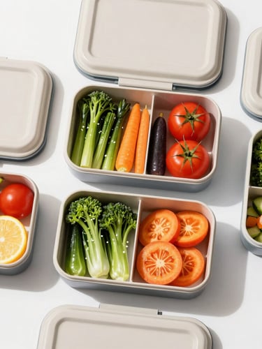 Overhead flat-lay of structured, premium corporate lunch boxes with fresh colorful vegetables, bright natural daylight, clean minimalist styling, 50mm lens