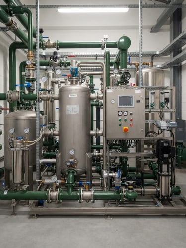 Clean industrial water filtration system, complex pipework, stainless steel tanks, and control panels in a well-lit utility room, sharp focus, deep green and metallic tones, 35mm lens