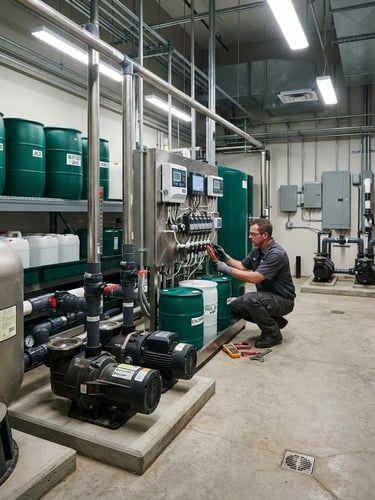 Wide panoramic shot of a modern pool equipment room, featuring neatly arranged chemical containers, filtration pumps, and automatic dosing systems, under crisp industrial lighting, with a technician in the background performing maintenance. Deep green and metallic tones dominate.