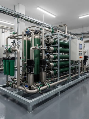 High-capacity reverse osmosis skid in a clean utility room, crisp technical photography, clean industrial lighting, deep green and metallic tones, sharp focus, 35mm lens.