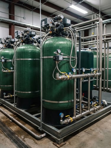 Industrial water softening tanks with automatic control valves, crisp technical lighting, deep green and metallic tones, sharp focus, 35mm lens