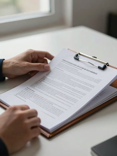 Close-up of hands reviewing a printed financial document on a clean desk, north-facing daylight from a window casting soft even light on paper, a leather-bound folder partially open beside it, precise and ordered