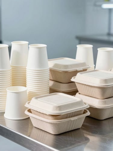 Sharp clean-room product shot of neatly stacked white paper cups and compostable food containers on a steel industrial table, bright high-key daylight, cool blue tones