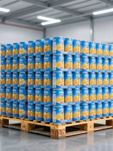 Pallets of boxed canned juices stacked neatly in a bright, clean modern warehouse with high-key industrial lighting, cool blue tones, commercial food-grade logistics environment