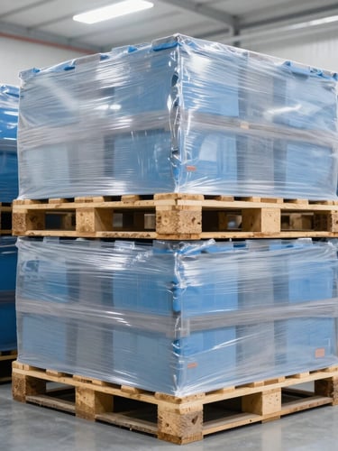 Crisp medium shot of neatly stacked wholesale pallets wrapped in clear film inside a bright clean modern warehouse, high-key industrial lighting